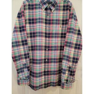 Ralph Lauren Mens XL Button Up Red Blue Preppy Plaid Dress Shirt Flesh Pony